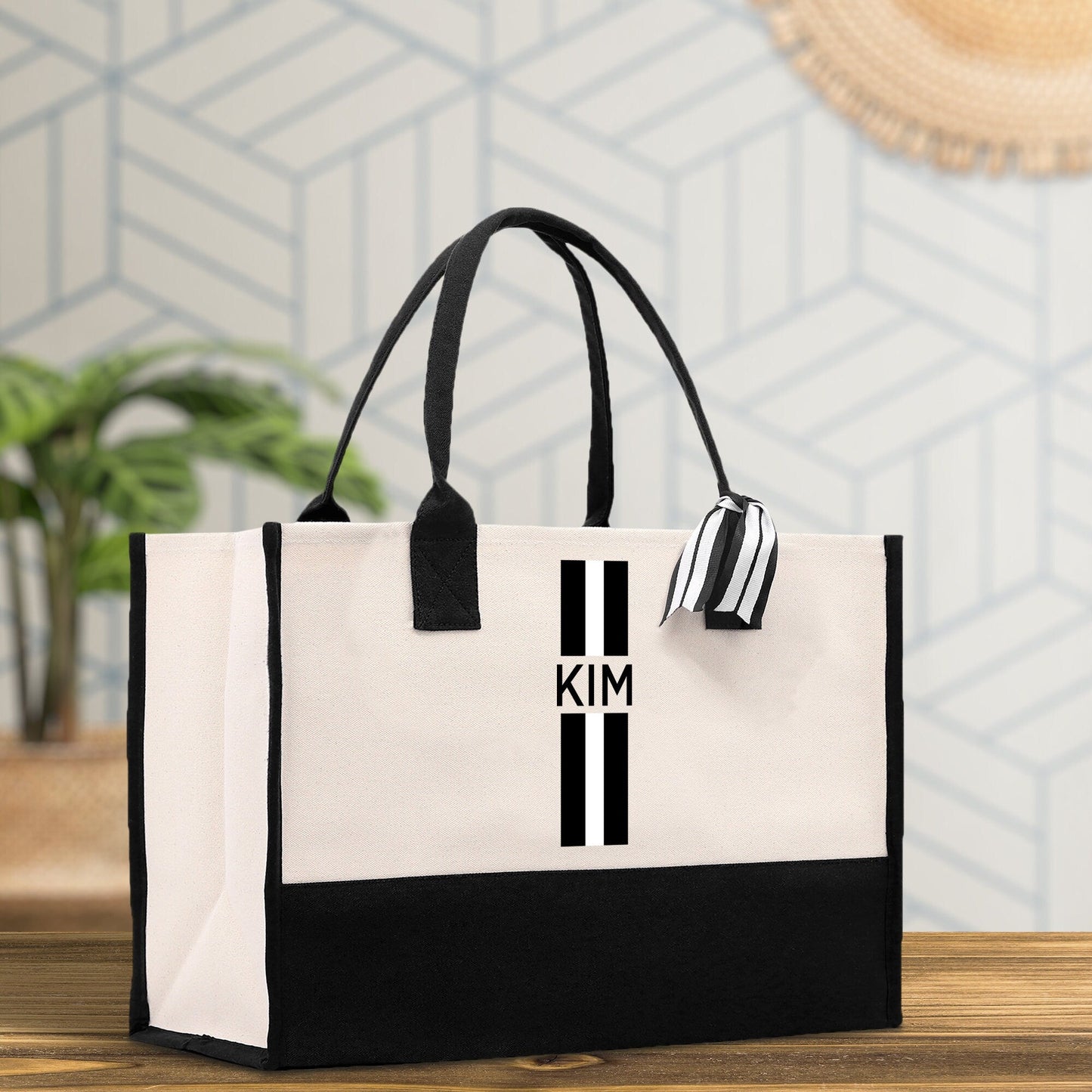 Personalized Monogrammed Canvas Tote Bag Striped Initials Custom Name Beach Bag Bridal Party Gifts Bride Gift Holiday Gift Bag